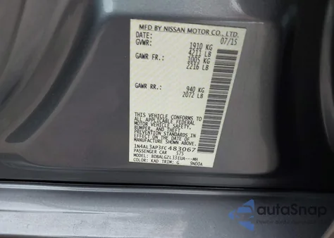 2015 Nissan Altima 2.5 S z USA, uszkodzony, nr VIN 1N4AL3AP3FC483067